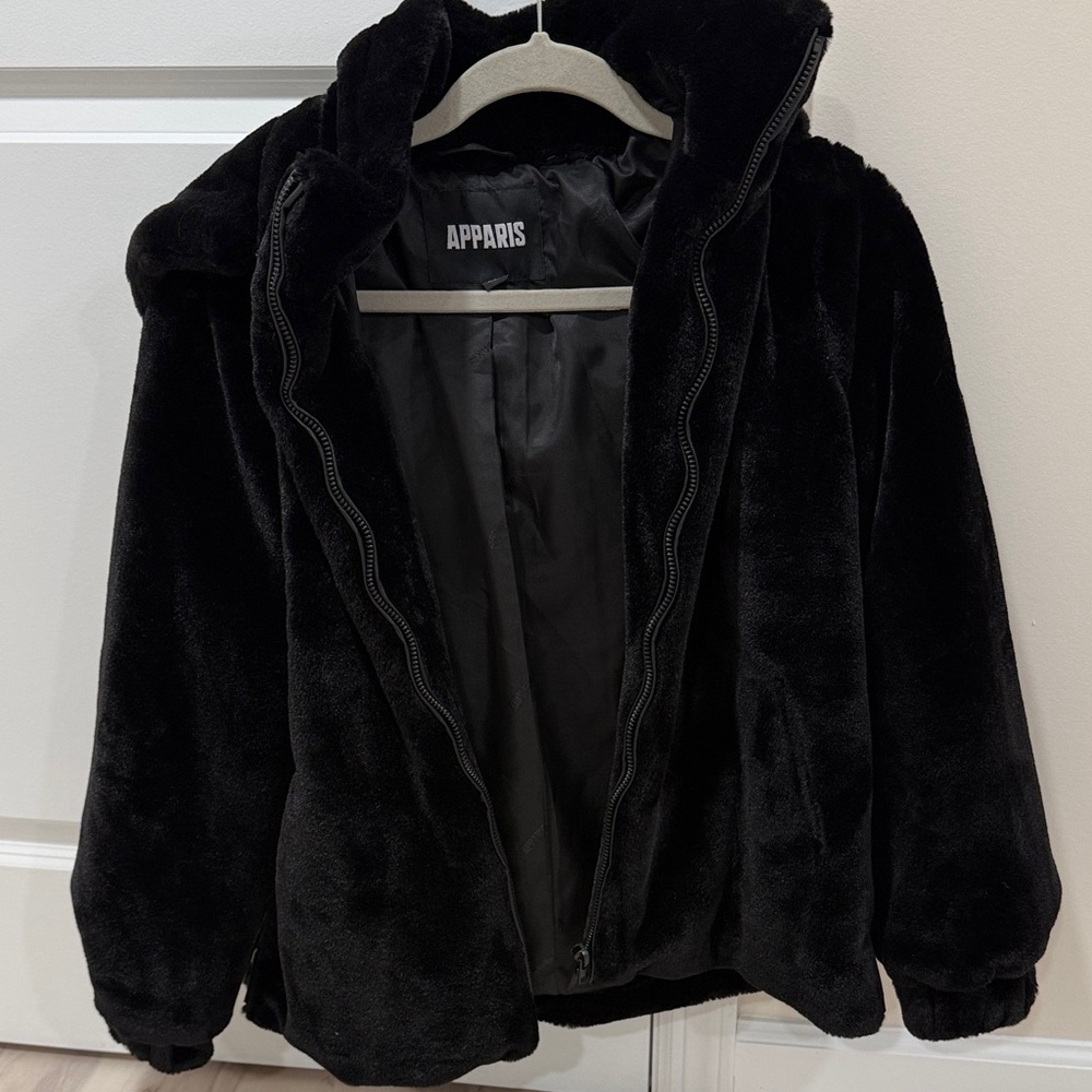 Apparis Black Plush Hooded Faux-Fur Jacket